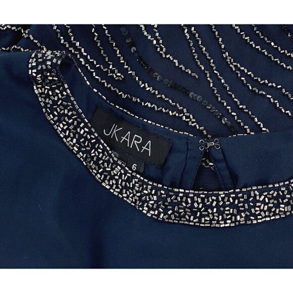 Jkara Sz 6 Navy Blue Beaded Chiffon Blouson Formal Dress Evening Flutter Sleeve - Picture 11 of 12